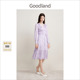 Goodland美地2024春夏系列紫色印花桑蚕丝茶歇连衣裙 柔润真丝