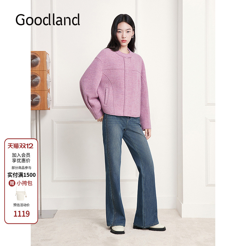 Goodland美地100绵羊毛圆领短款大衣外套女2025冬新款LC35510180