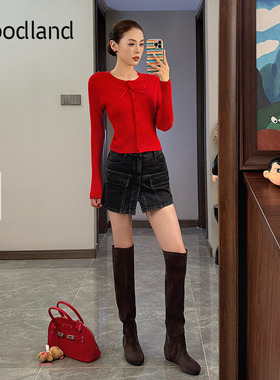 Goodland美地红色蝴蝶结刺绣针织开衫女短款2025冬新款LC35506140