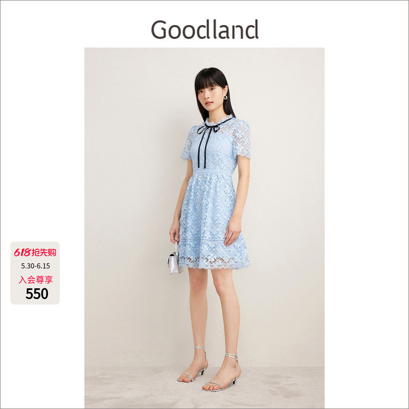 Goodland美地千金风水溶蕾丝连衣裙女夏季短款约会裙LC34205730