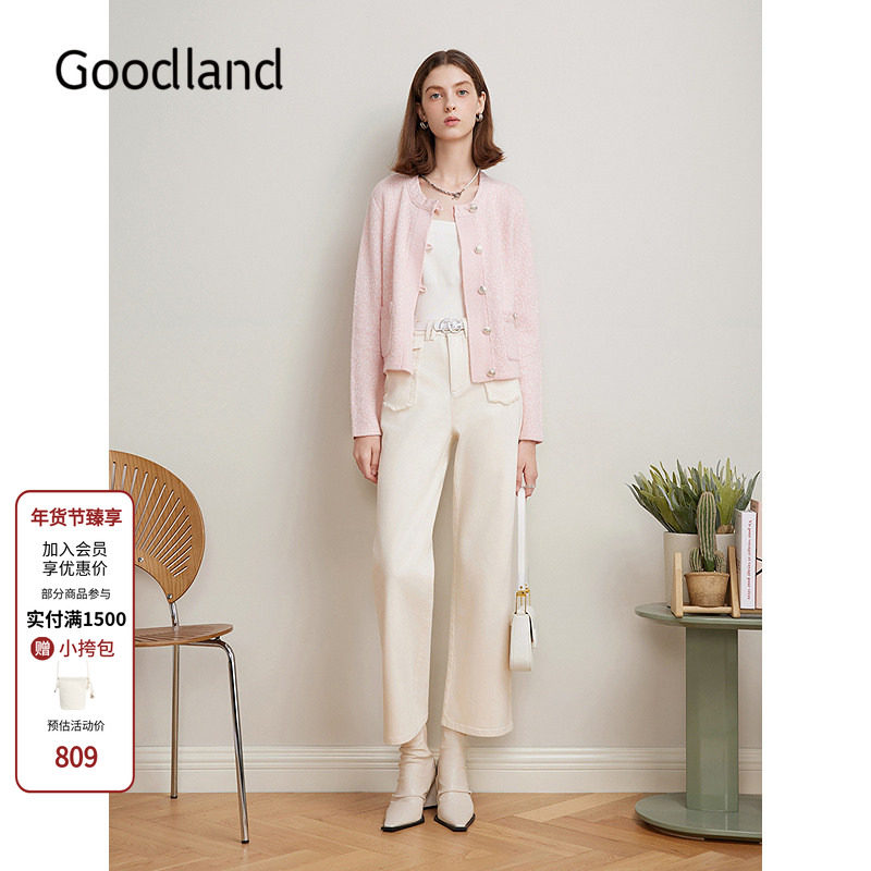 Goodland美地粉色法式小香风圆领针织开衫女短款外套LC35106230