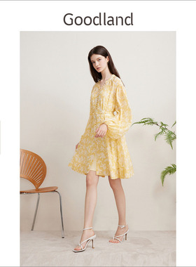 Goodland美地女装桑蚕丝真丝法式印花连衣裙短款LC34105380
