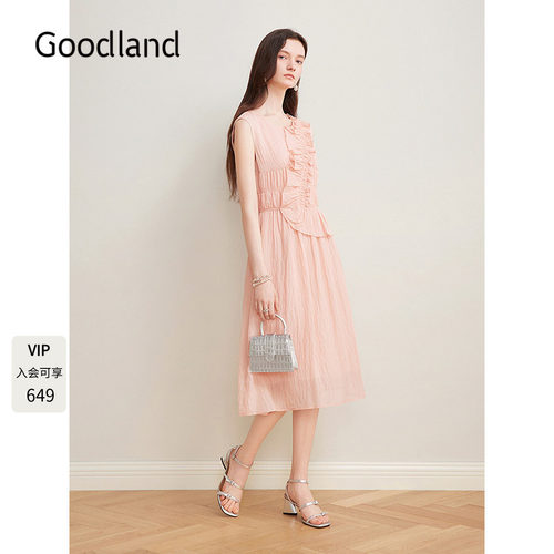 Goodland美地西柚粉色泡泡纱无袖连衣裙女夏季收腰LC35205800