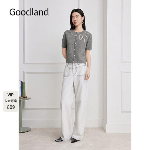 Goodland美地时尚通勤蝴蝶结钉钻针织开衫女2026夏新款LC36206110