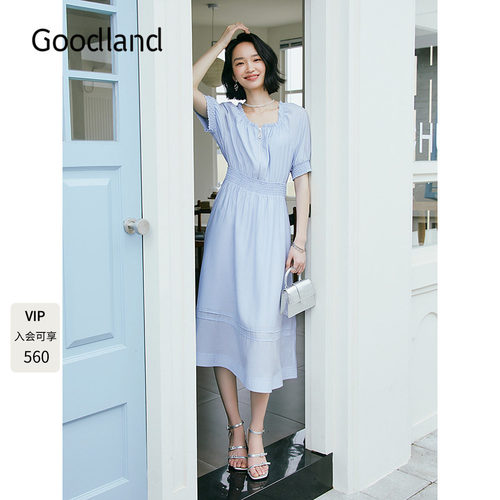 Goodland美地醋酸混纺气质法式连衣裙女夏季短袖收腰LC35205480