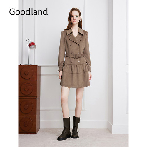 Goodland美地2026秋季新款羊毛混纺西装领柔绒款连衣裙LC36305250