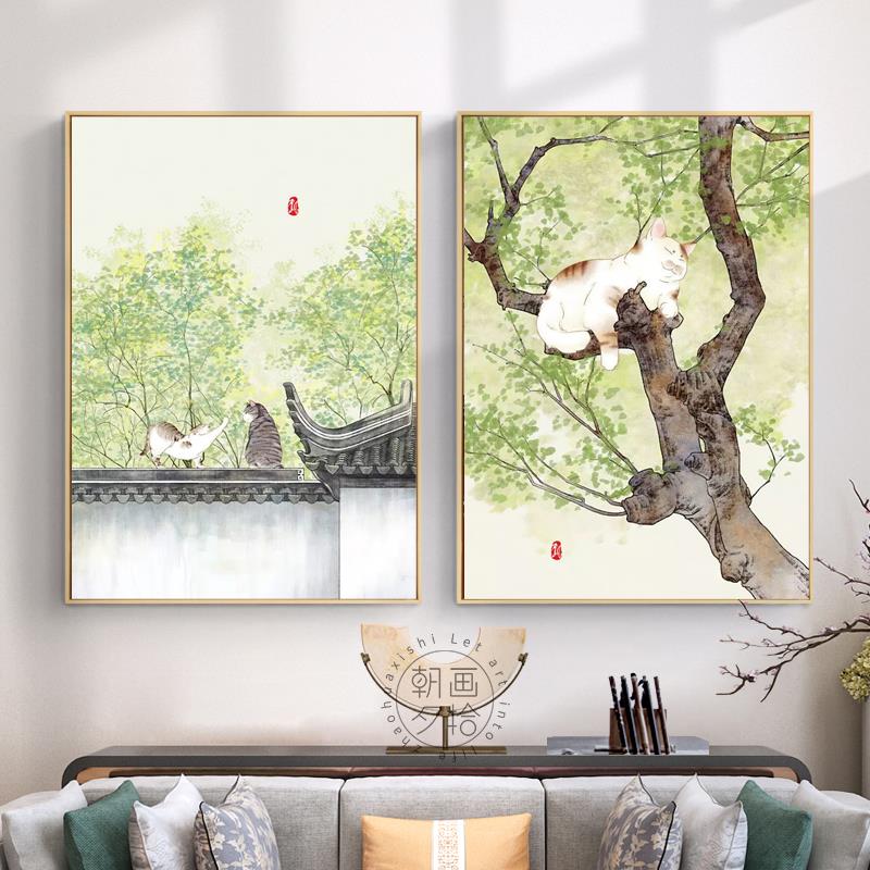 日式简约创意装饰画猫咪卧室背景中国风客厅现代墙画树家庭挂画图片