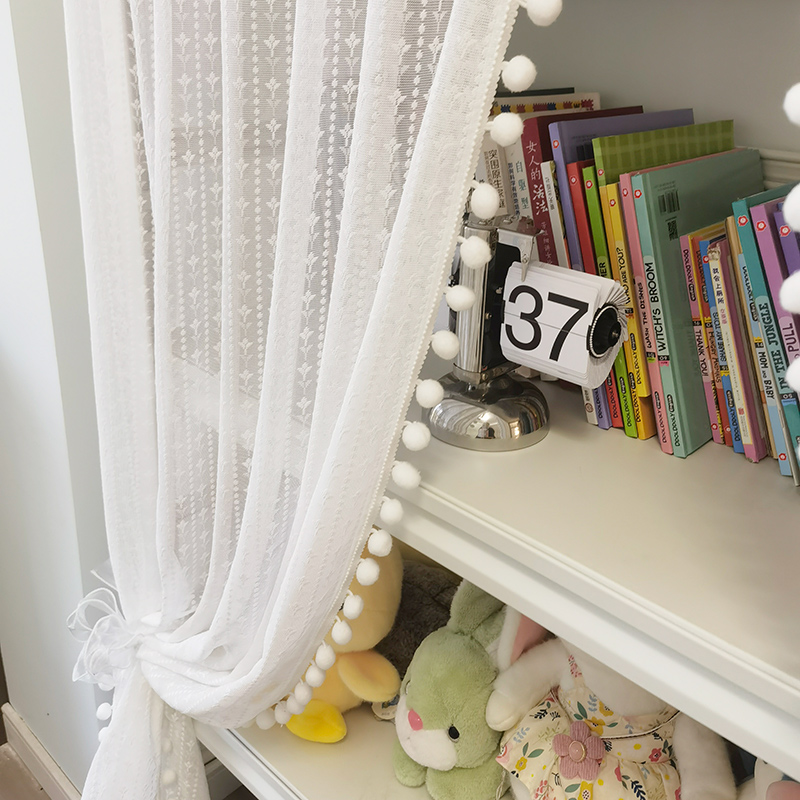 法式球球花边蕾i丝褶皱纱帘半防晒书架防灰帘无门书柜遮挡帘免打