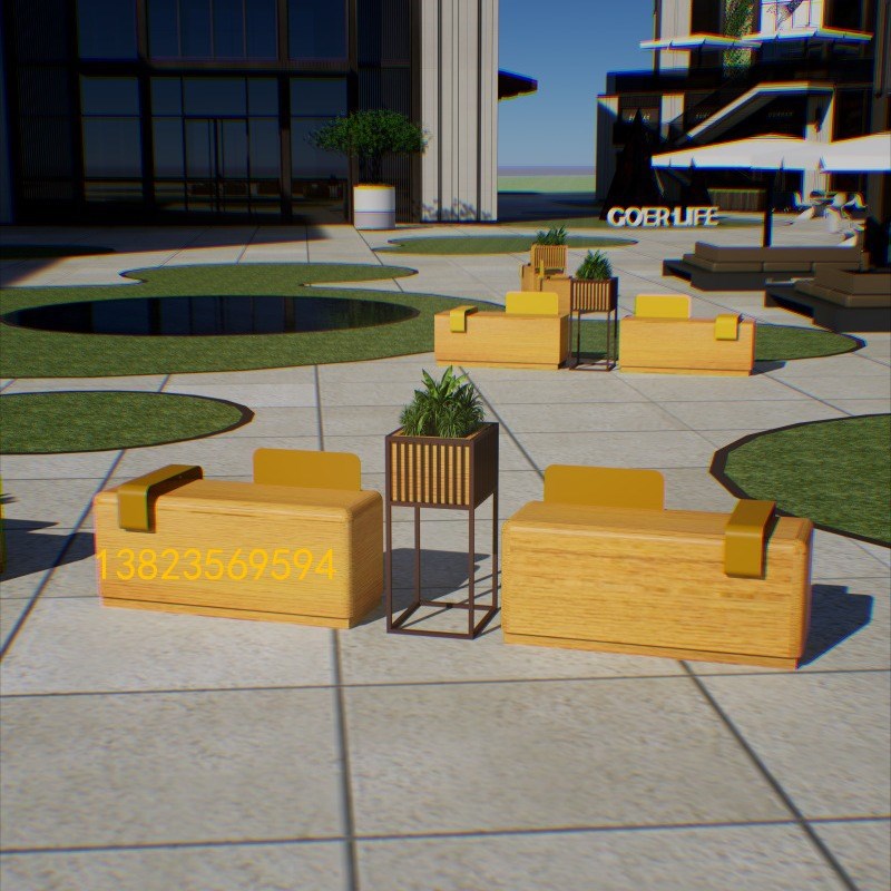 户外公共休息座椅园林景观防腐木E座椅商场创意花箱坐凳隔断花架