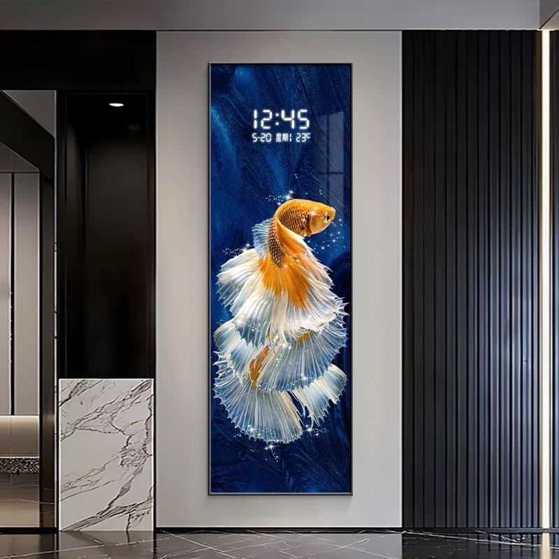 孔雀鱼玄关装饰画电子屏s钟表客厅过道走廊挂画竖版锦鲤时钟壁灯图片