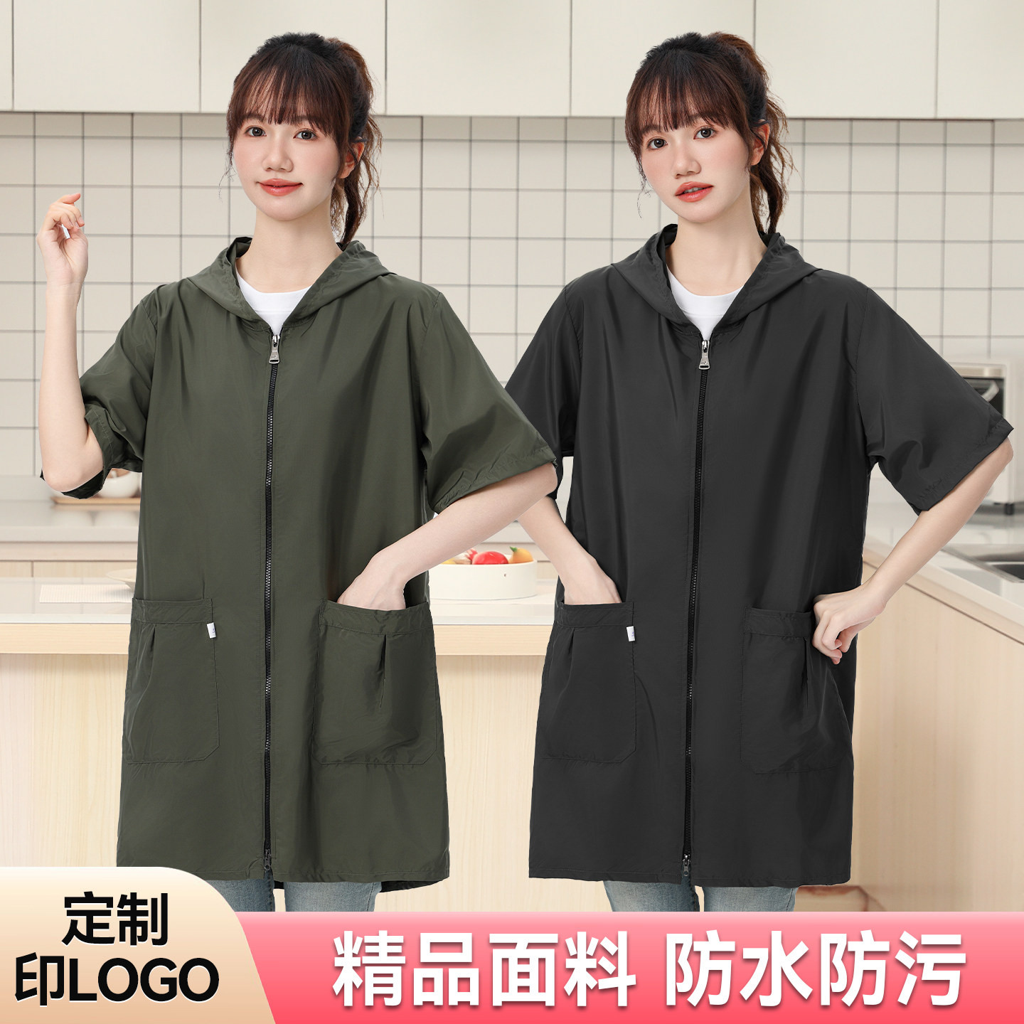 短袖罩衣夏季女款竖领工作服新款防泼水成人大人薄款护衣家用围裙图片