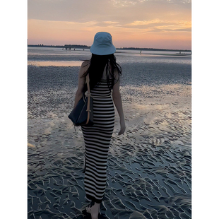 性感辣妹氣質顯瘦收腰開衩長裙子 海邊度假條紋吊帶V領連衣裙夏季