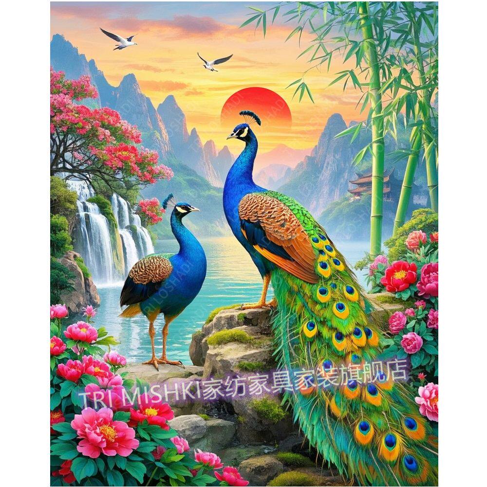 山水牡丹孔雀图贴画客厅玄关墙上装饰画自粘遮丑防水门窗浪漫贴画