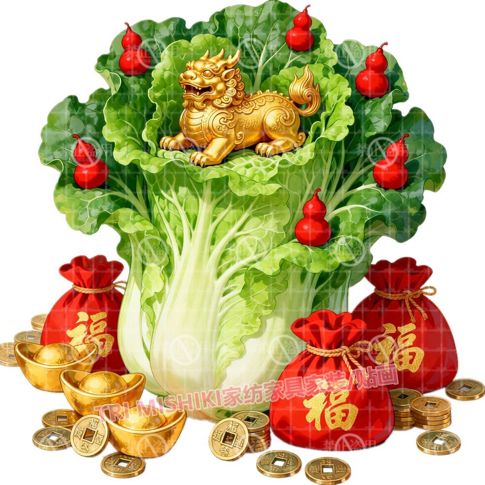 白菜守财贴纸新款蔬菜厨房贴画招财貔貅福袋门贴爆款自粘遮丑贴画