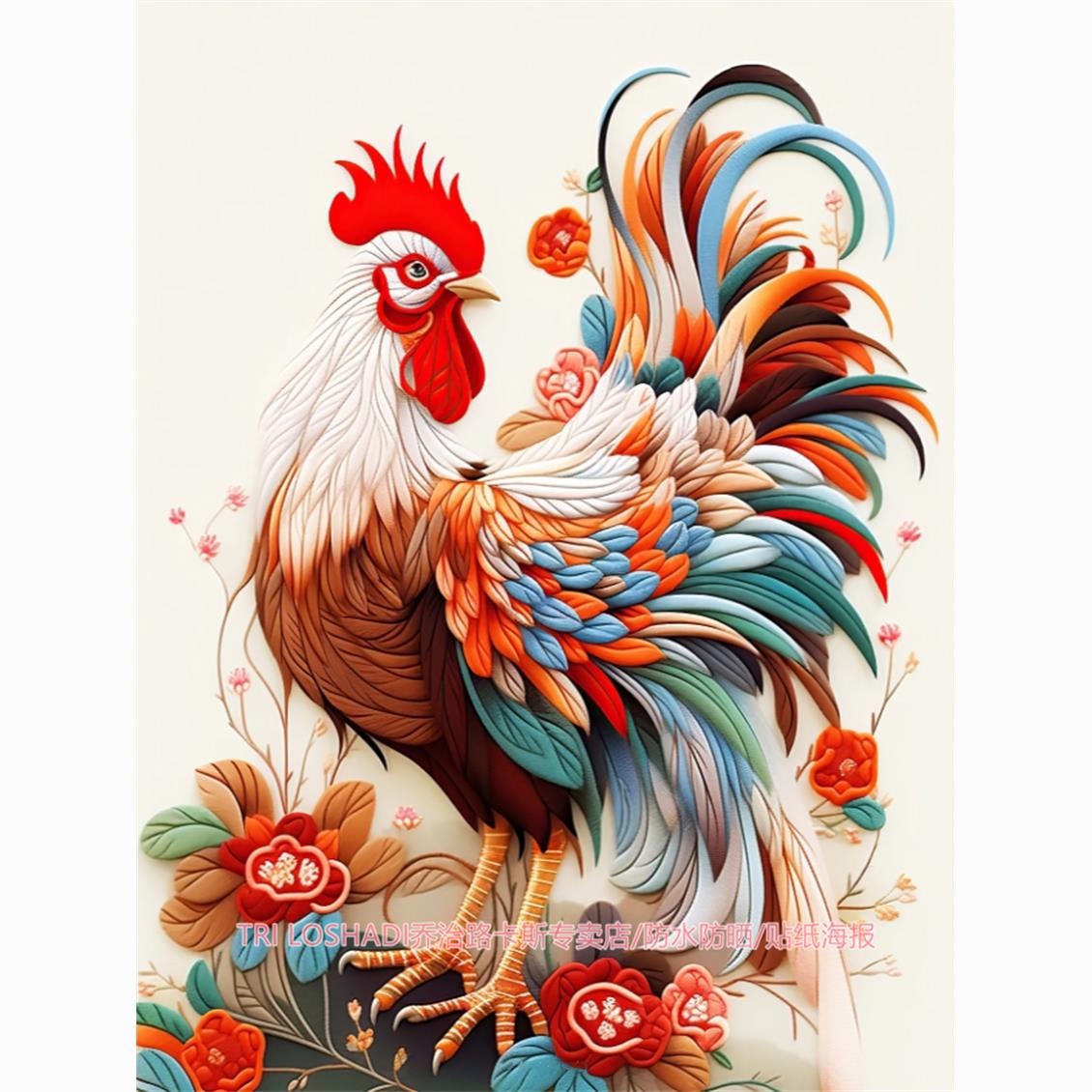 国风公鸡贴纸画客厅卧室墙贴平安金鸡报晓门窗贴纸现代贴墙装饰画