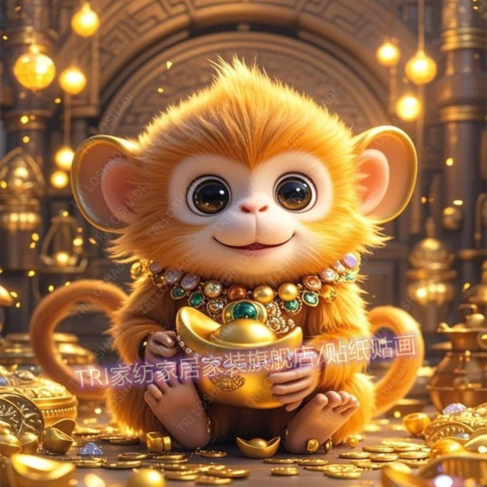 财源滚滚金猴贴纸壁画爆款客厅贴墙装饰画防水自粘遮丑贴猴子贴画