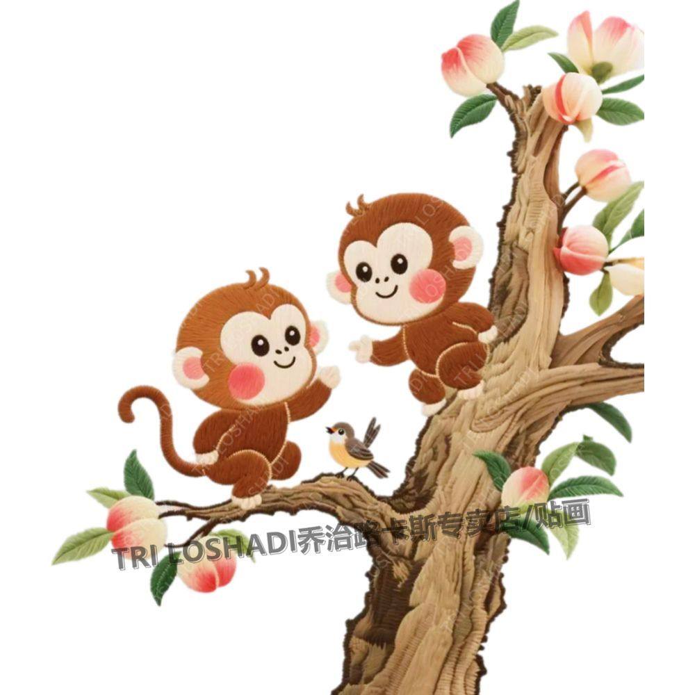 猴子摘桃贴纸卡通可爱小猴子自粘墙贴衣柜门窗防水贴车爆款贴画