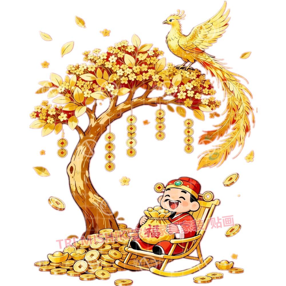 摇钱树下的财神爷贴纸财源滚滚自粘墙贴爆款发财树门窗贴画装饰