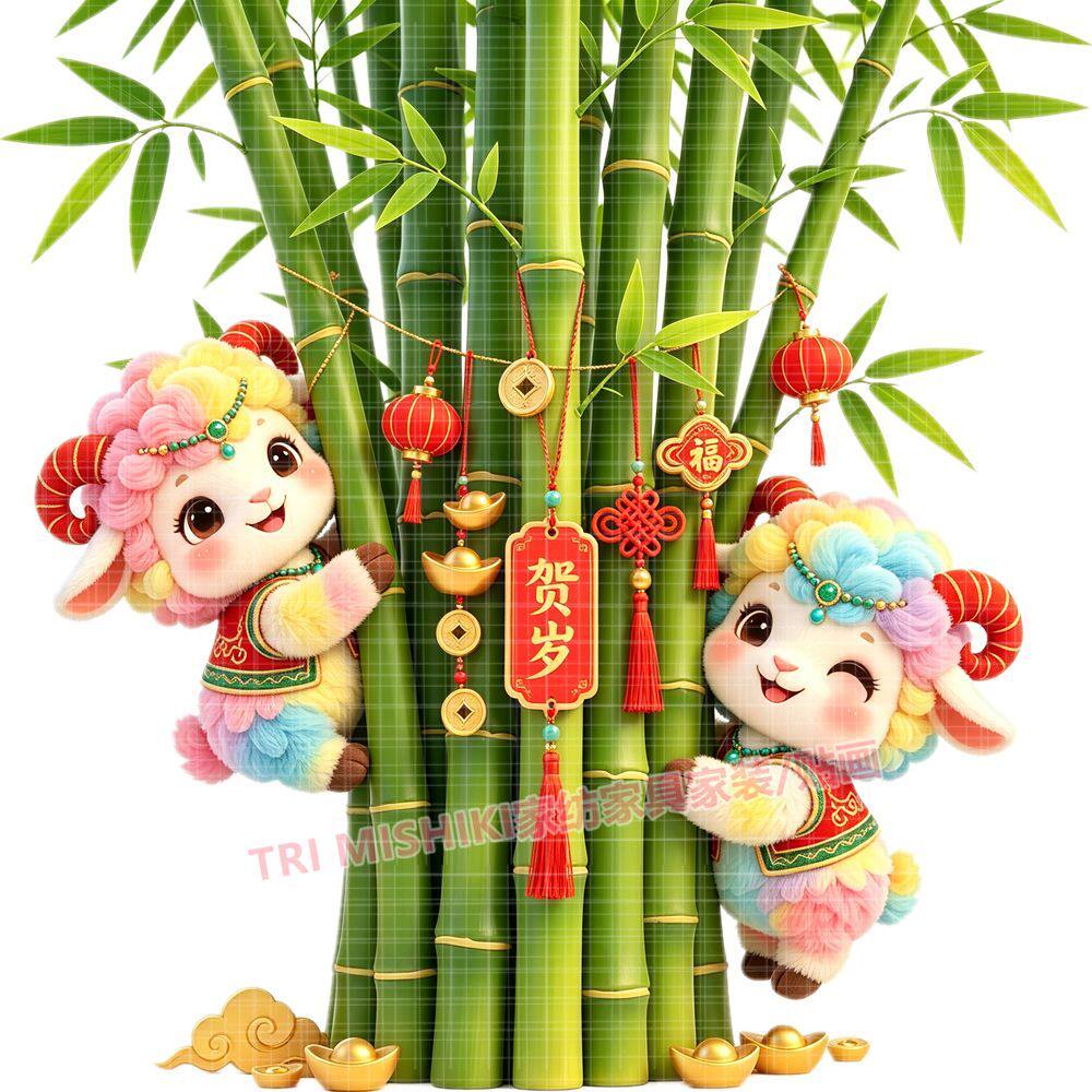 新款小羊爬竹子贴纸羊年吉祥平安