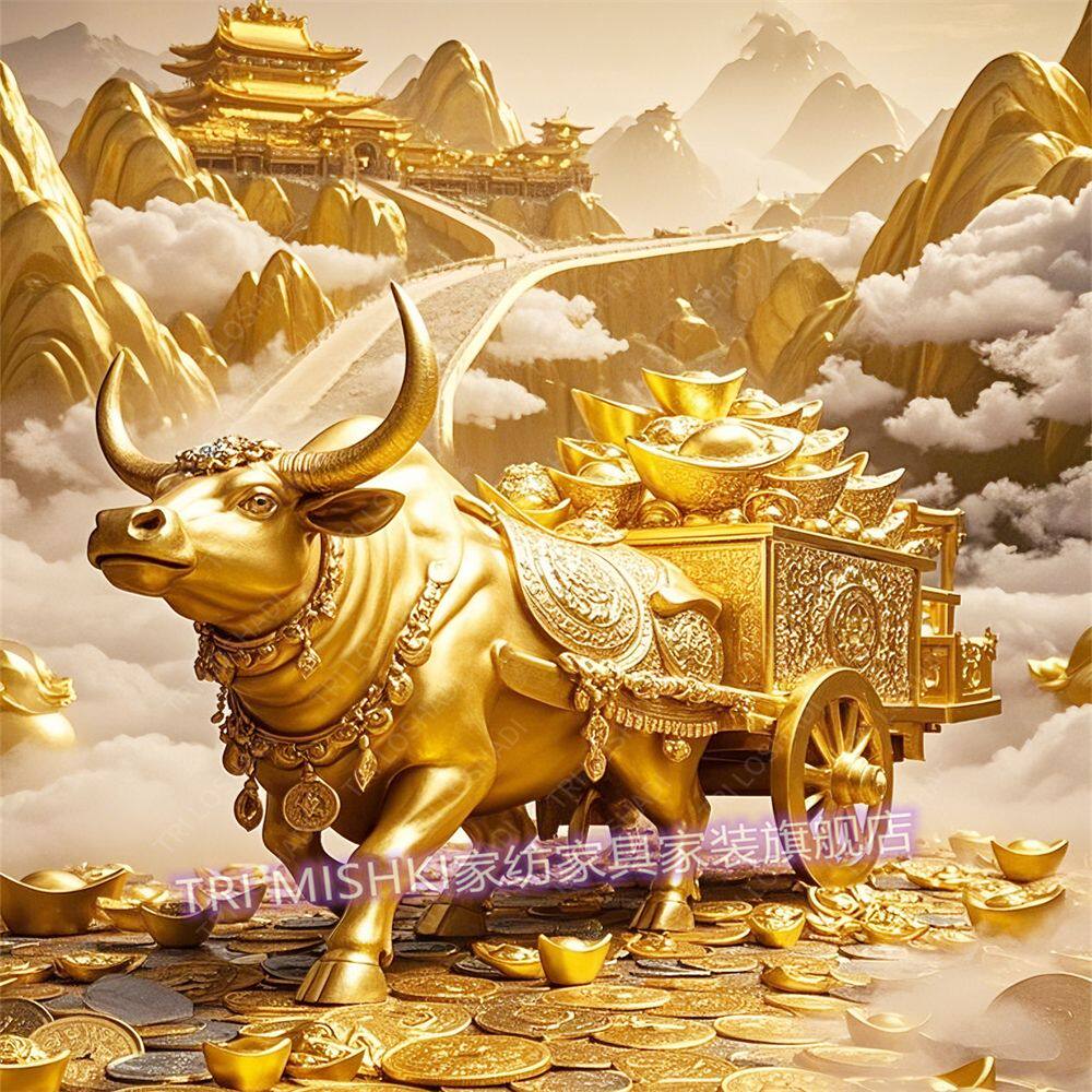 金牛拉车送财贴画客厅背靠金山自粘墙上装饰画牛转乾坤新款门贴