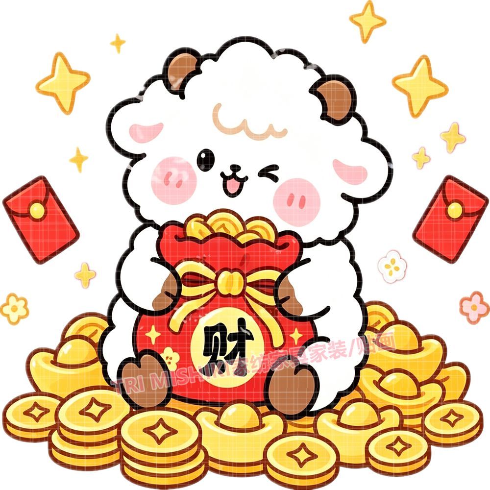 可爱卡通小羊贴纸招财进宝暴富自