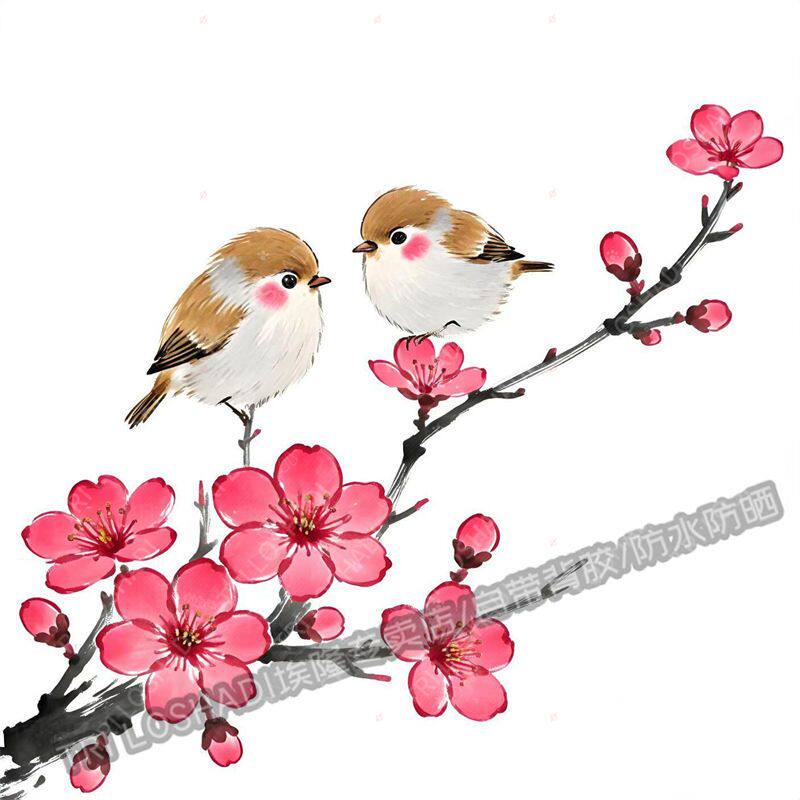 梅花枝头的小胖鸟贴画可爱治愈贴画冰箱厨房瓷砖贴画小鸟防水贴纸