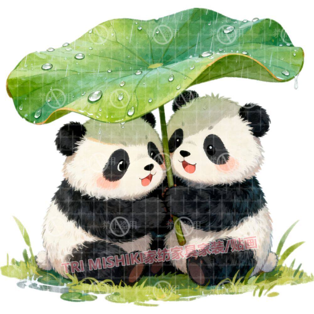 躲雨的熊猫宝宝贴纸爆款卧室儿童房自粘墙贴遮丑补洞门贴防水贴车