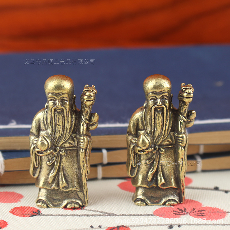 黄铜做旧老寿星托桃茶宠桌面摆件小铜器手把件纯铜工艺品收藏