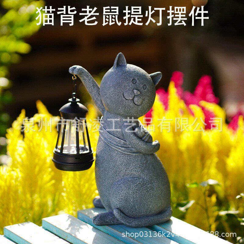 太阳能花园灯小猫树脂摆件花园庭院草地家阳台装饰动物工艺品摆件