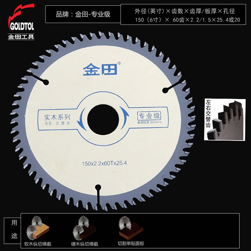 4~24寸40~120齿105~600金田级木工合金圆锯片7891012