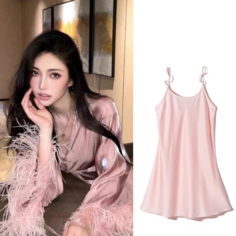 粉色性感鸵鸟羽毛结婚晨袍女新娘高级感睡衣夏季冰丝吊带睡裙睡袍