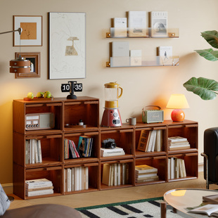 实木书架落地多层自由组合储物柜家用复古书柜客厅靠墙防尘展示柜