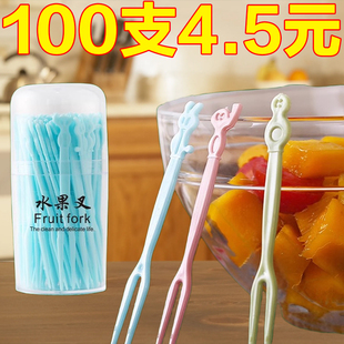 水果叉盒装一次性牙签水果蛋糕叉塑料水果签两齿家用吃点心小叉子