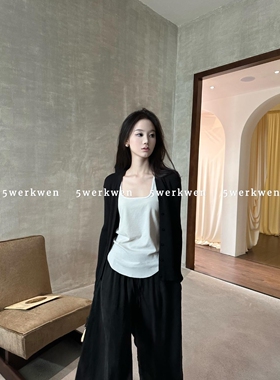 5werkwen 纸片人黑色V领上衣秋冬单排扣坑条显瘦针织开衫外套女潮