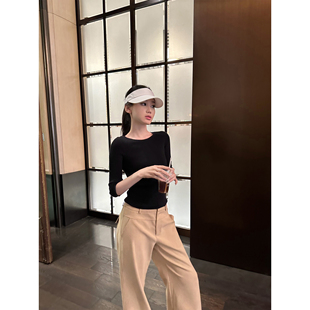 5werkwen 高智中袖轻氧t 修身圆领五分袖针织夏季T恤黑色上衣女