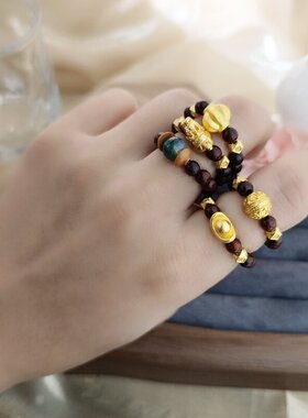 新中式【紫檀】天然石麒麟金珠指环指尖文玩小戒指女国风首饰批发