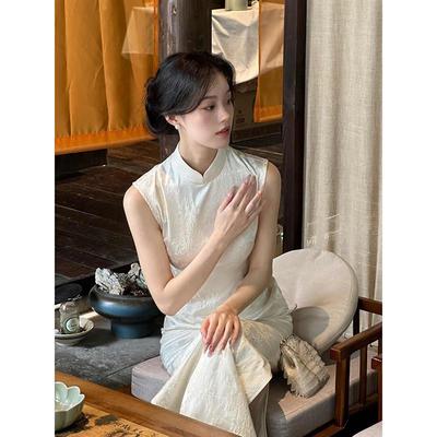 提花长款无袖改良旗袍修身气质连衣裙2025年夏季新款女优雅裙子