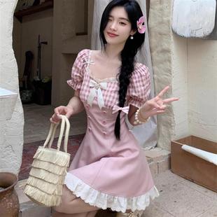 短裙子 甜美少女粉色格纹连衣裙女夏季 新款 收腰显瘦法式 气质泡泡袖