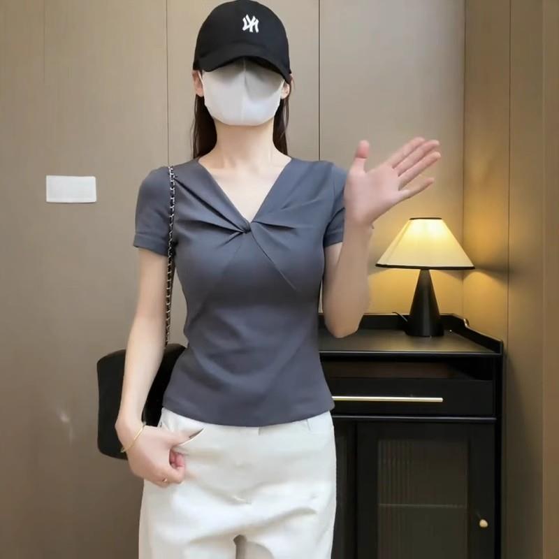 大码女装纯棉别致短袖T恤2025夏季新款胖mm显瘦遮肚修身小衫上衣