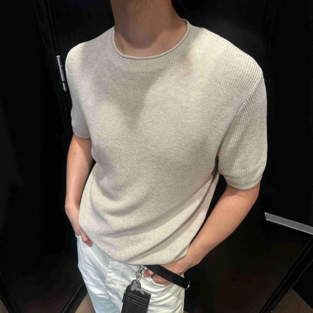 EME男装 新贵高奢夏季针织棉麻花纱老钱松弛透气圆领短袖针织衫
