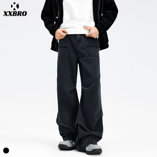 黑色牛仔裤 xxbro男装 潮牌伞兵拼接百搭直筒裤 美式 男 2024秋冬新款