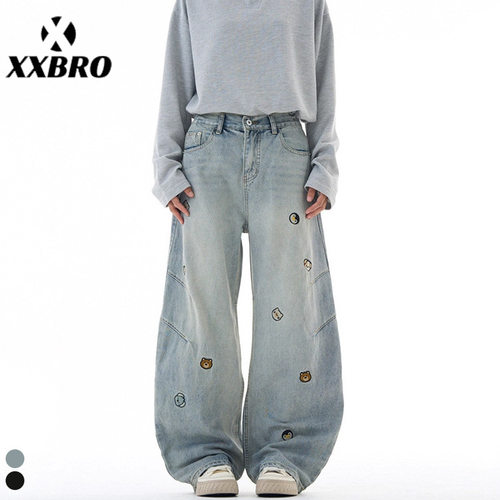 xxbro男装#秋季美式卡通小熊刺绣牛仔裤男复古水洗宽松直筒休闲裤