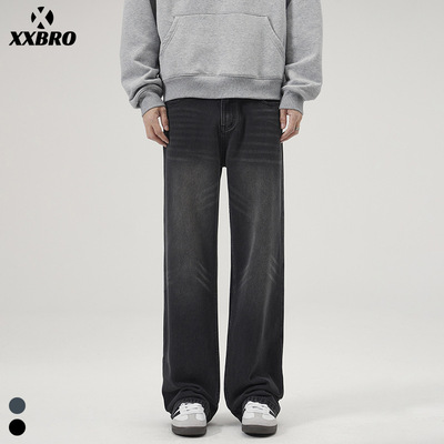 xxbro男装#加绒美式复古潮牌高街黑色牛仔裤男生百搭宽松微喇长裤