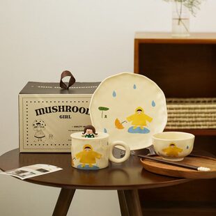 复古饭碗日式 可爱盘子碗碟女孩餐盘家用陶瓷J餐具套装 卡通
