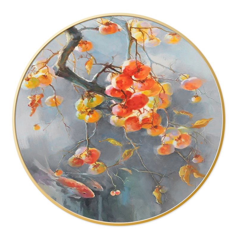 手绘油画新中式h圆形装饰画玄关走廊餐厅挂画柿子发光灯画事事如图片