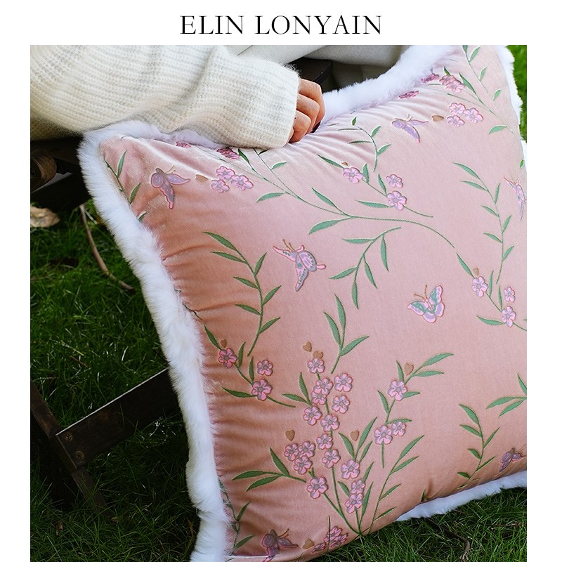 珑衍家居法式复古粉色早春花开系提花F靠垫抱枕样板房酒店沙发方