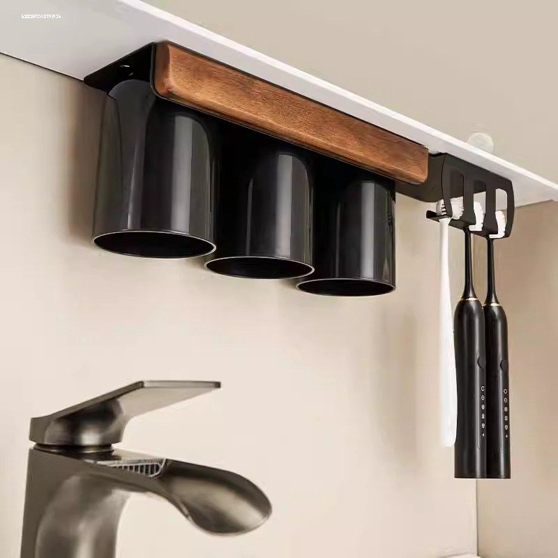 镜柜下磁吸漱口杯亲子牙刷架一家三口牙刷牙杯置物架壁挂倒扣磁力