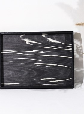 新中式皮革黑边抽象木纹托盘样板间家居L餐厅茶几装饰收纳盘摆件