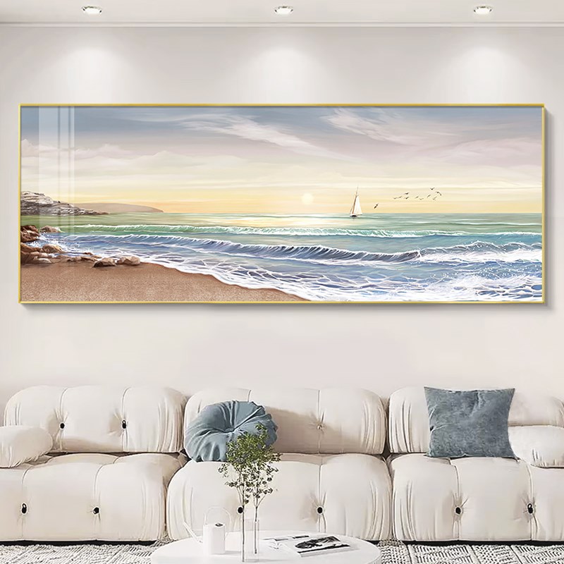 海景客厅装饰画奶油风大芬油画村沙发背景墙挂画简V约大气横幅壁