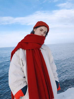 围巾冬季女生纯红色加厚超大披肩西西里民族风斗篷披风高级感围脖